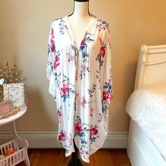 Women's White w/Floral Print Bohemian Kimono L NWT - Picture 1 of 9